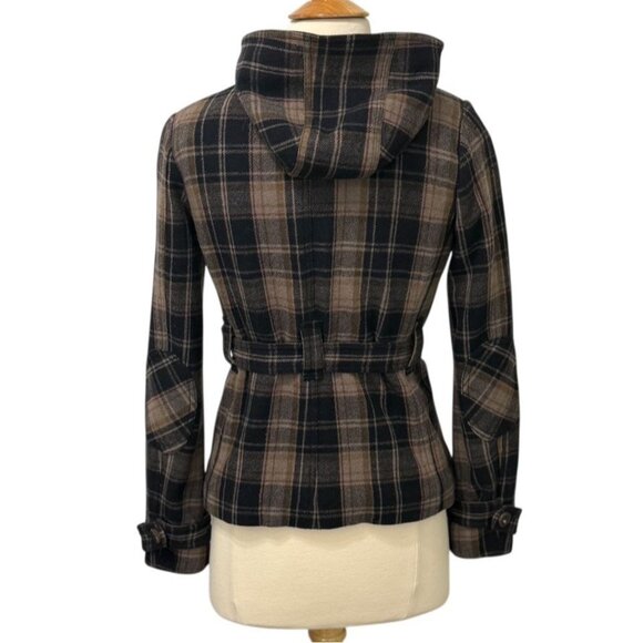 Vintage Juicy Couture Navy Plaid Wool Cashmere Coat Jacket Belted Hooded Size 2 - Picture 5 of 16